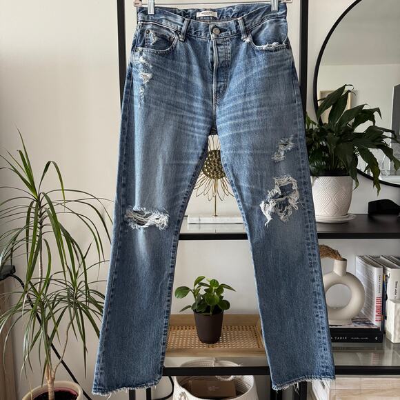 Moussy Vintage Plymouth Straight Blue High Rise Distressed Jeans Women's Size 28 - Picture 3 of 13